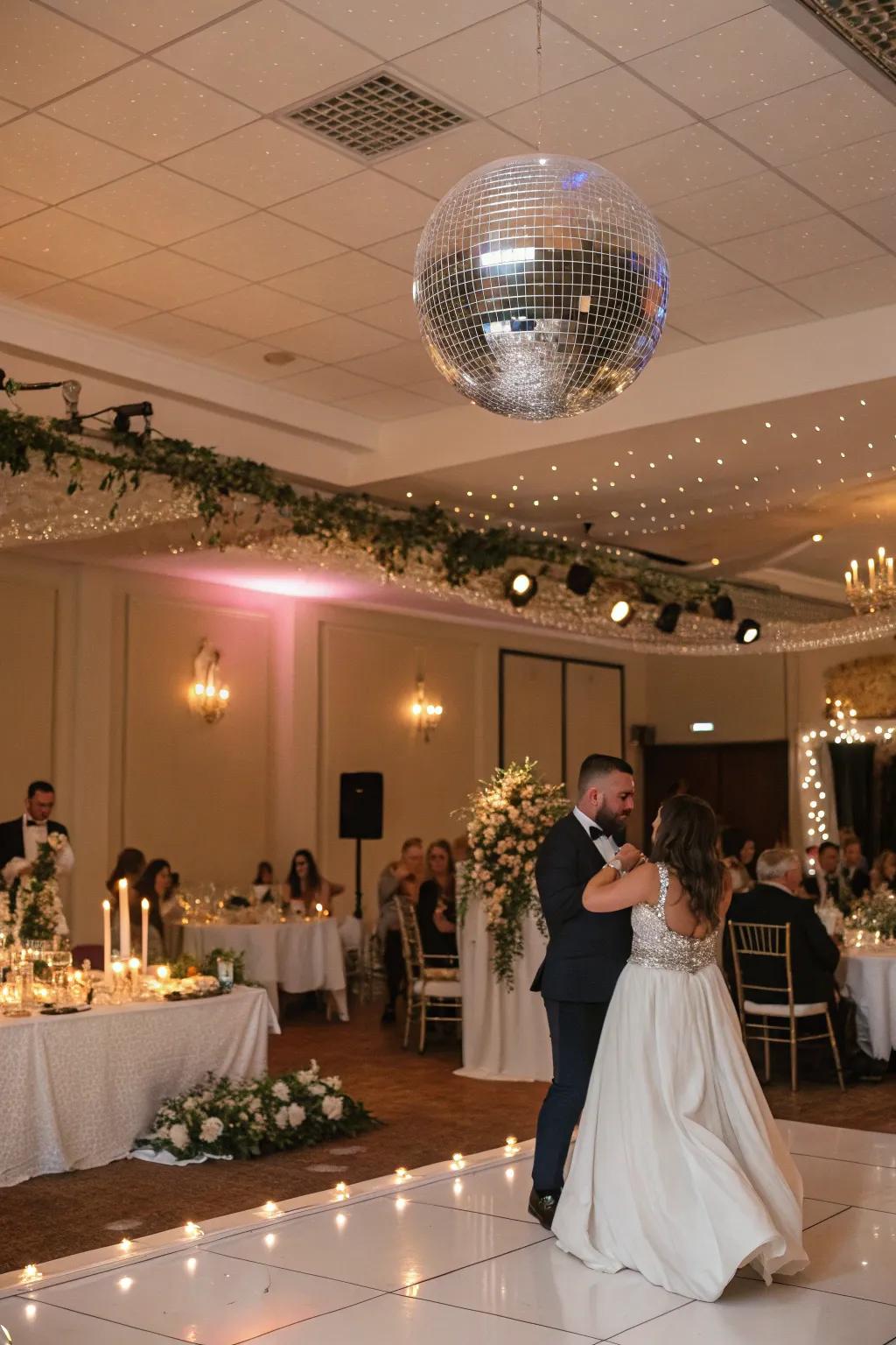 A disco ball adds a fun, retro vibe to the dance floor.