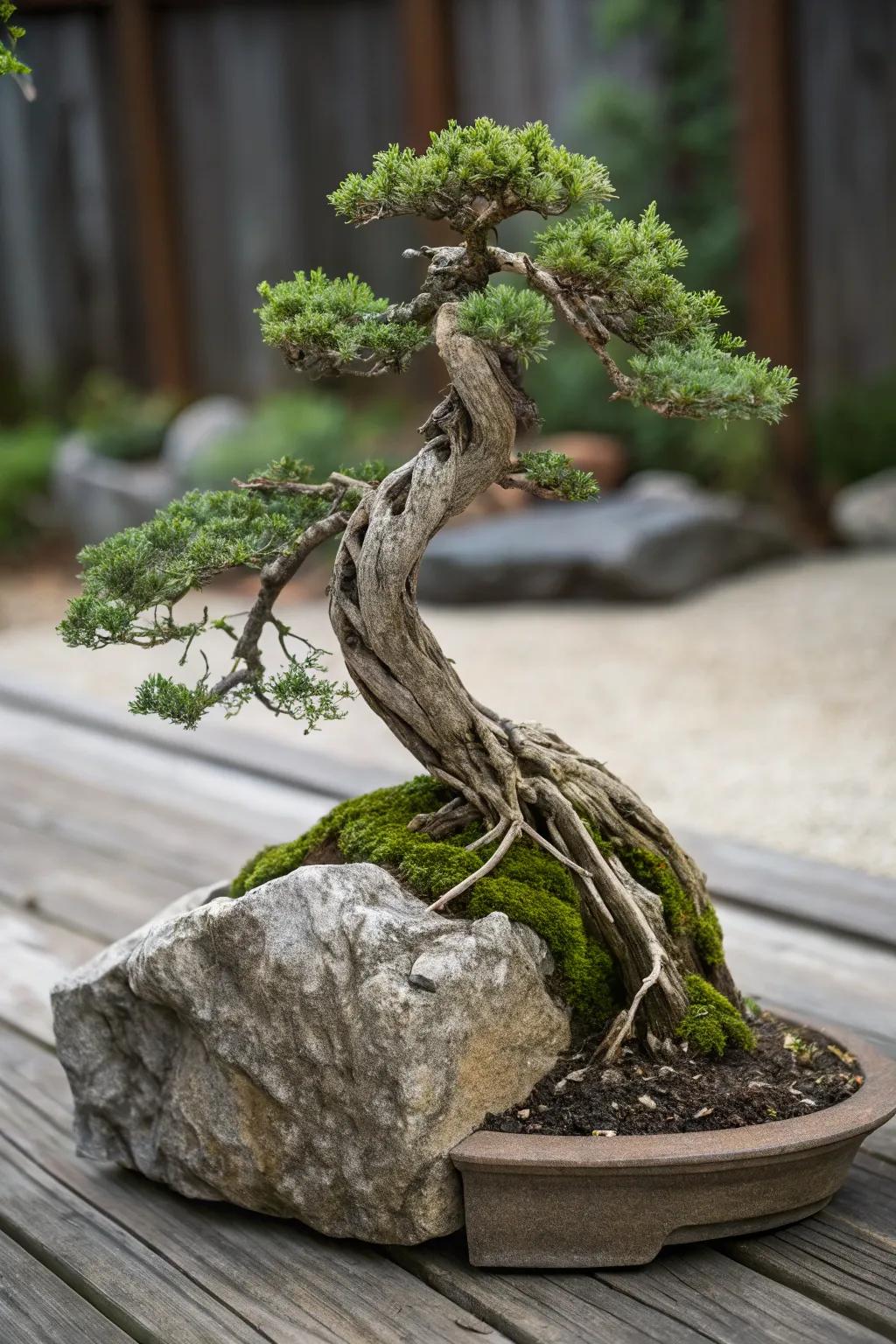 A rock-cling juniper bonsai underscoring nature’s might upon a natural stone.