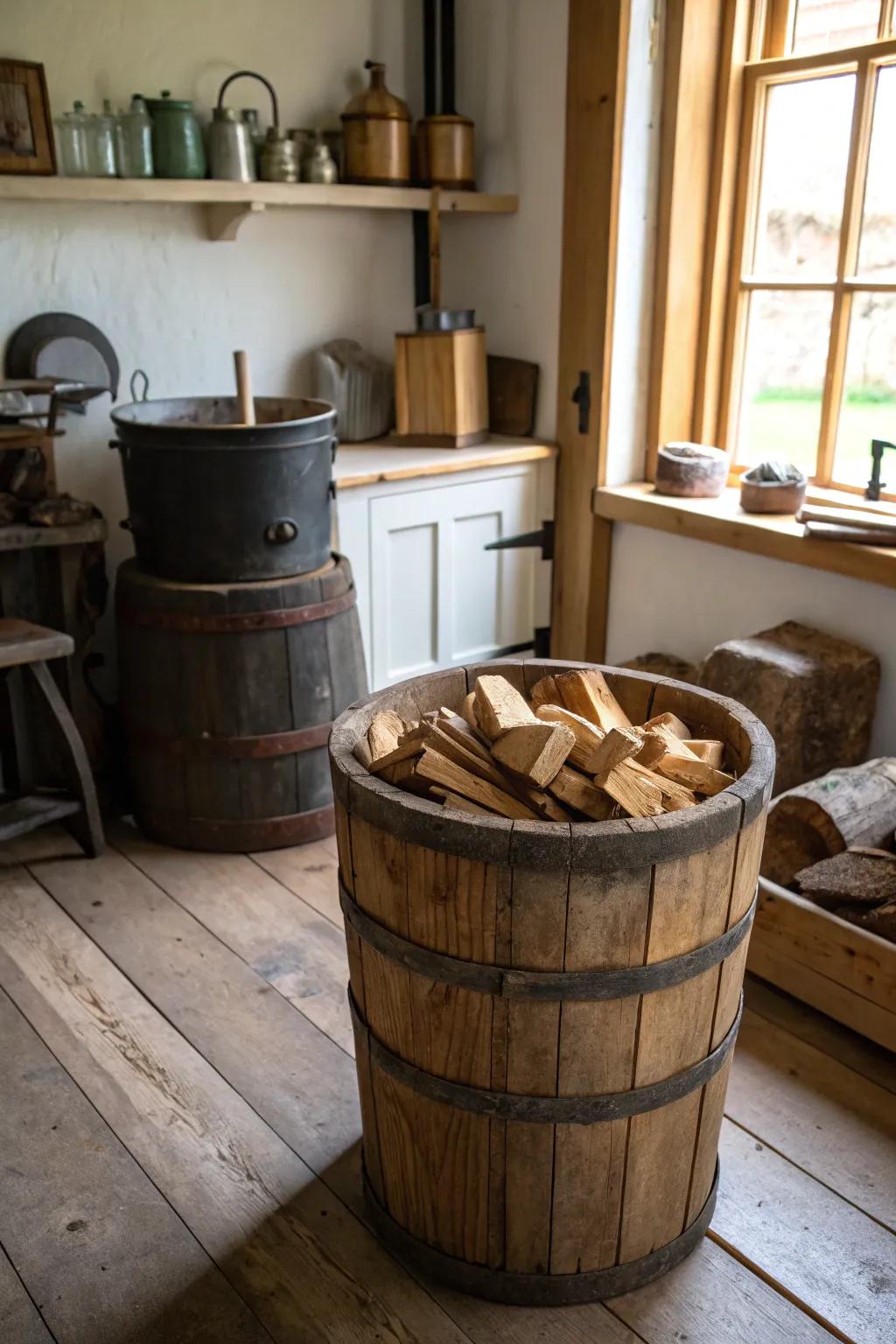 Wooden barrels add rustic flair to your kindling storage.