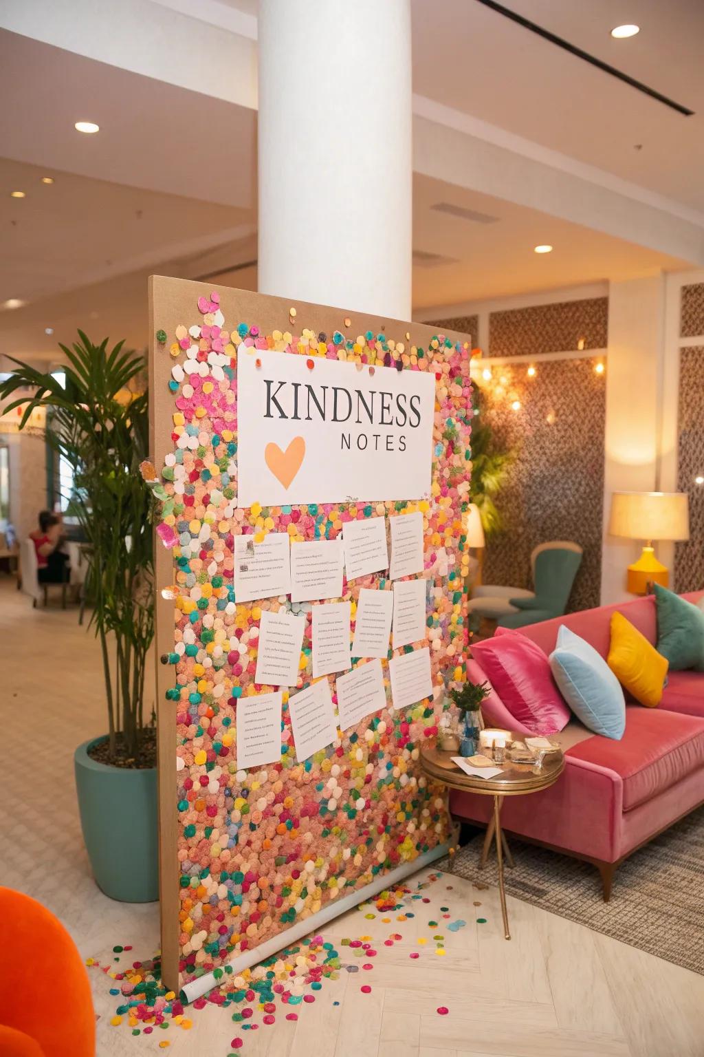 A vibrant living area kindness confetti board with colorful pieces and kind messages.