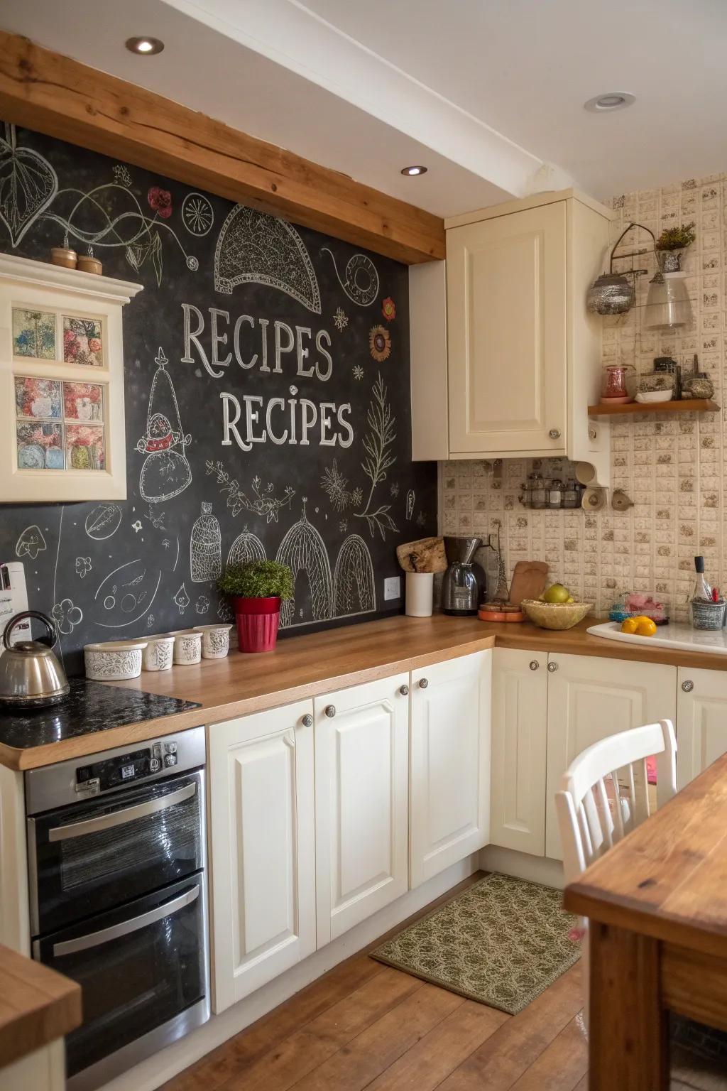 A chalkboard backsplash combines rustic charm with practical functionality.