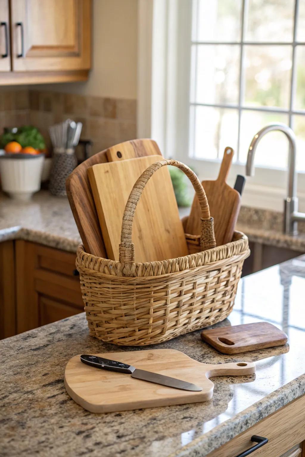 A basket filled with boards introduces texture and warmth to the kitchen.