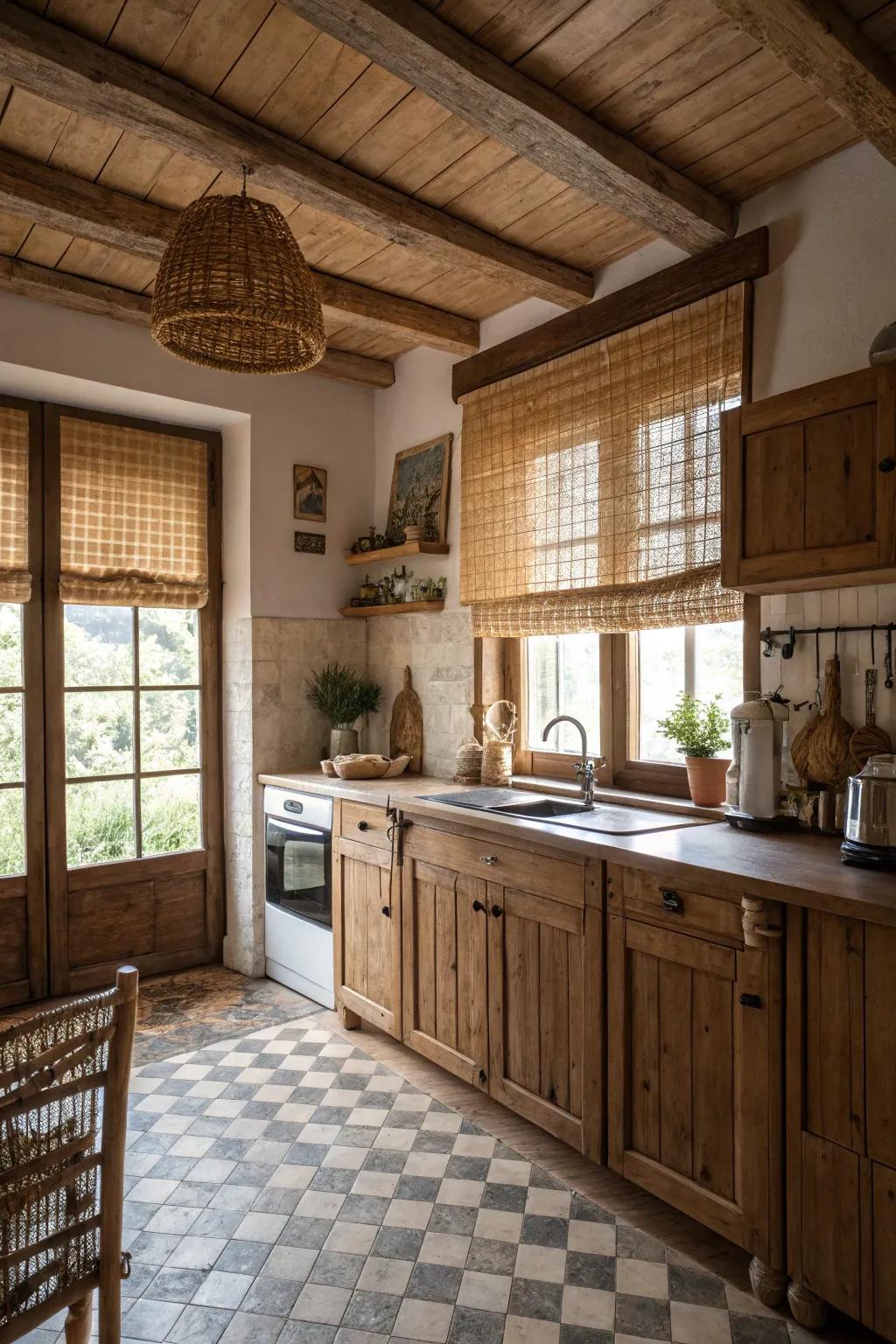 Rattan shades introduce texture and warmth to the kitchen.