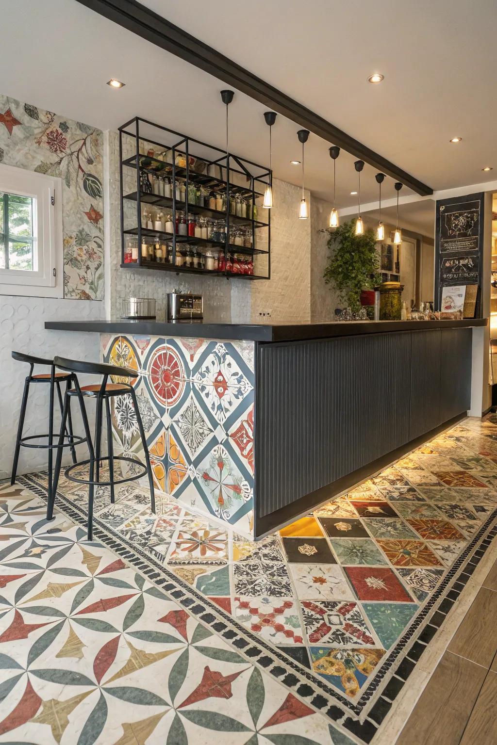 Patterned squares introduce an eclectic element to this bar.