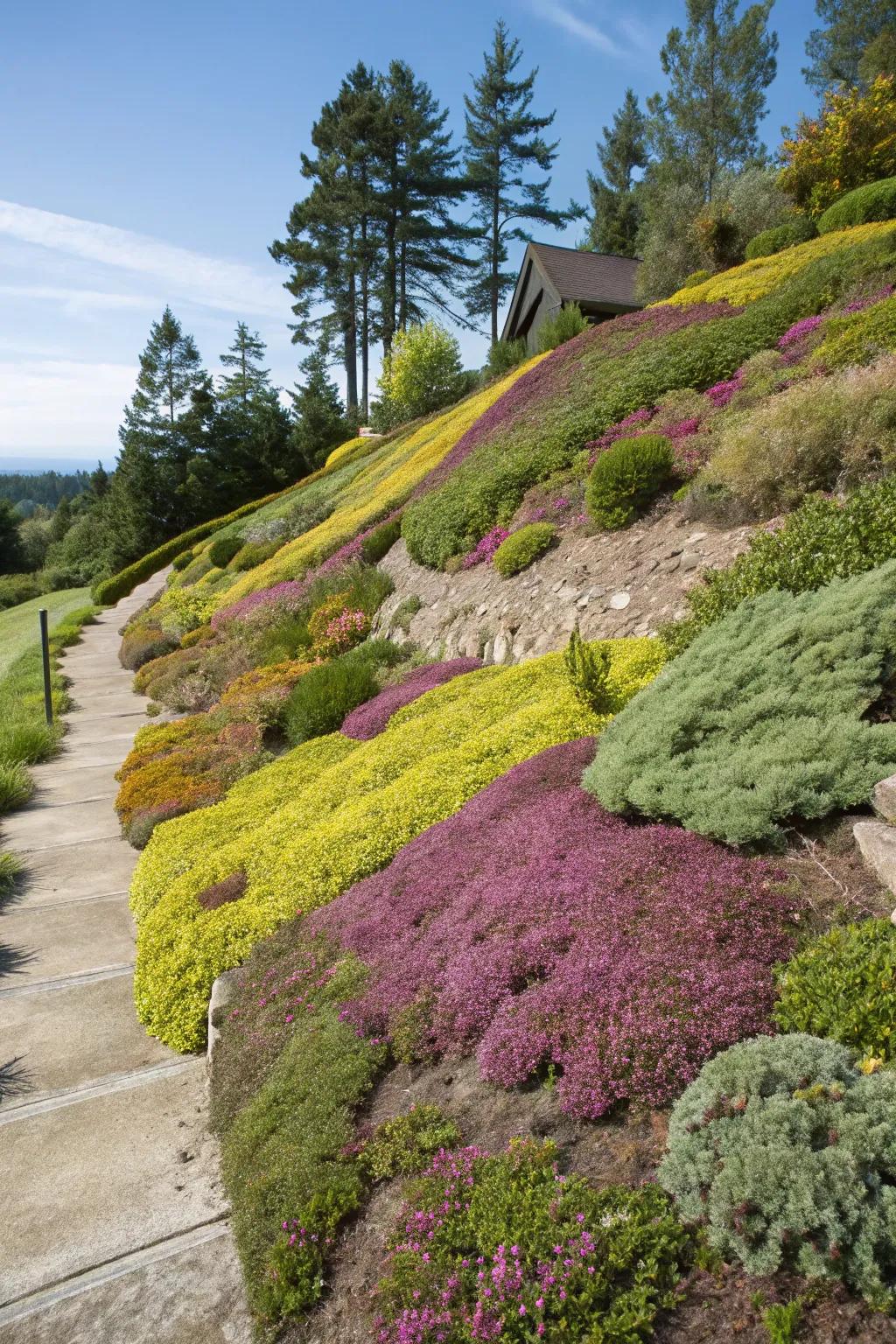 Brilliant ground covers contribute vibrancy and aid in stabilizing slopes.