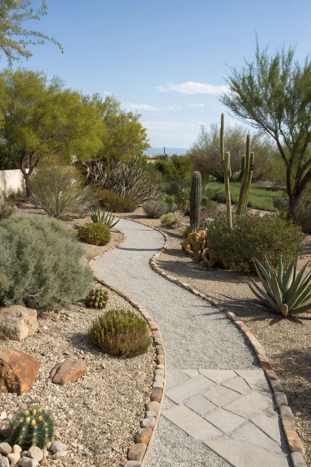 Gravel pathways in a Las Vegas backyard with desert plantings.