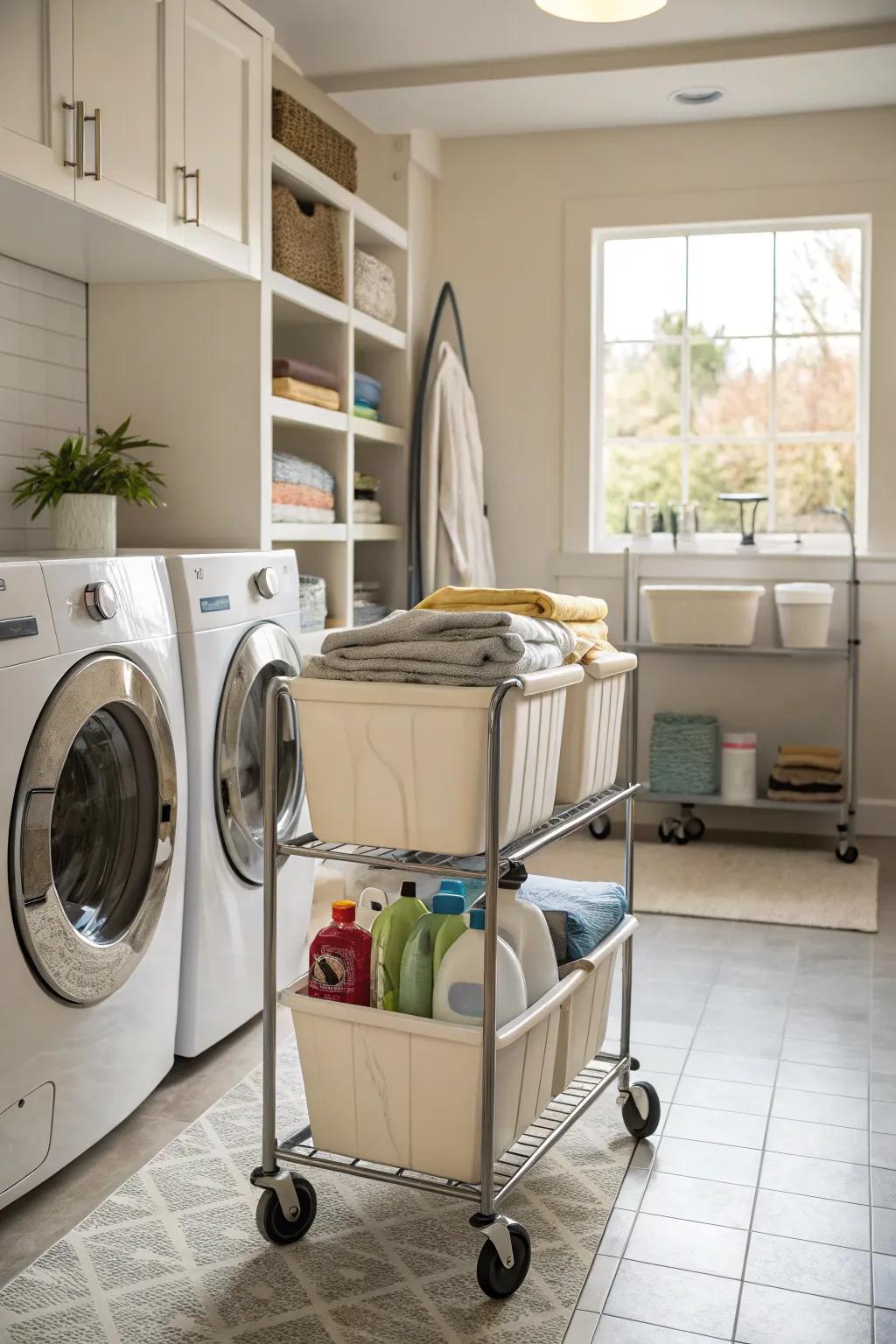 Portable laundry carts provide mobility and convenience.