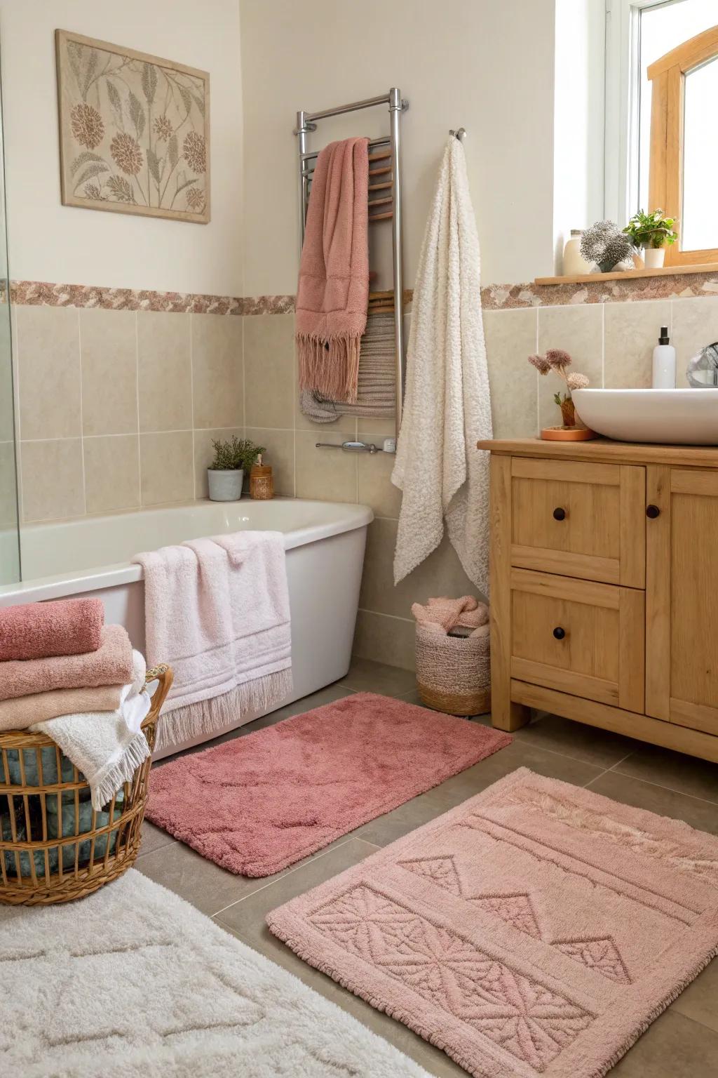 Textiles add warmth and coziness to a light-colored bathroom.