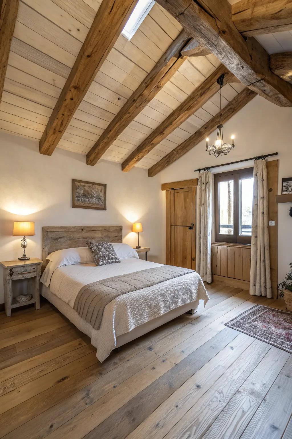 Rustic aspects imparting warmth to a pale timber floor bedroom.