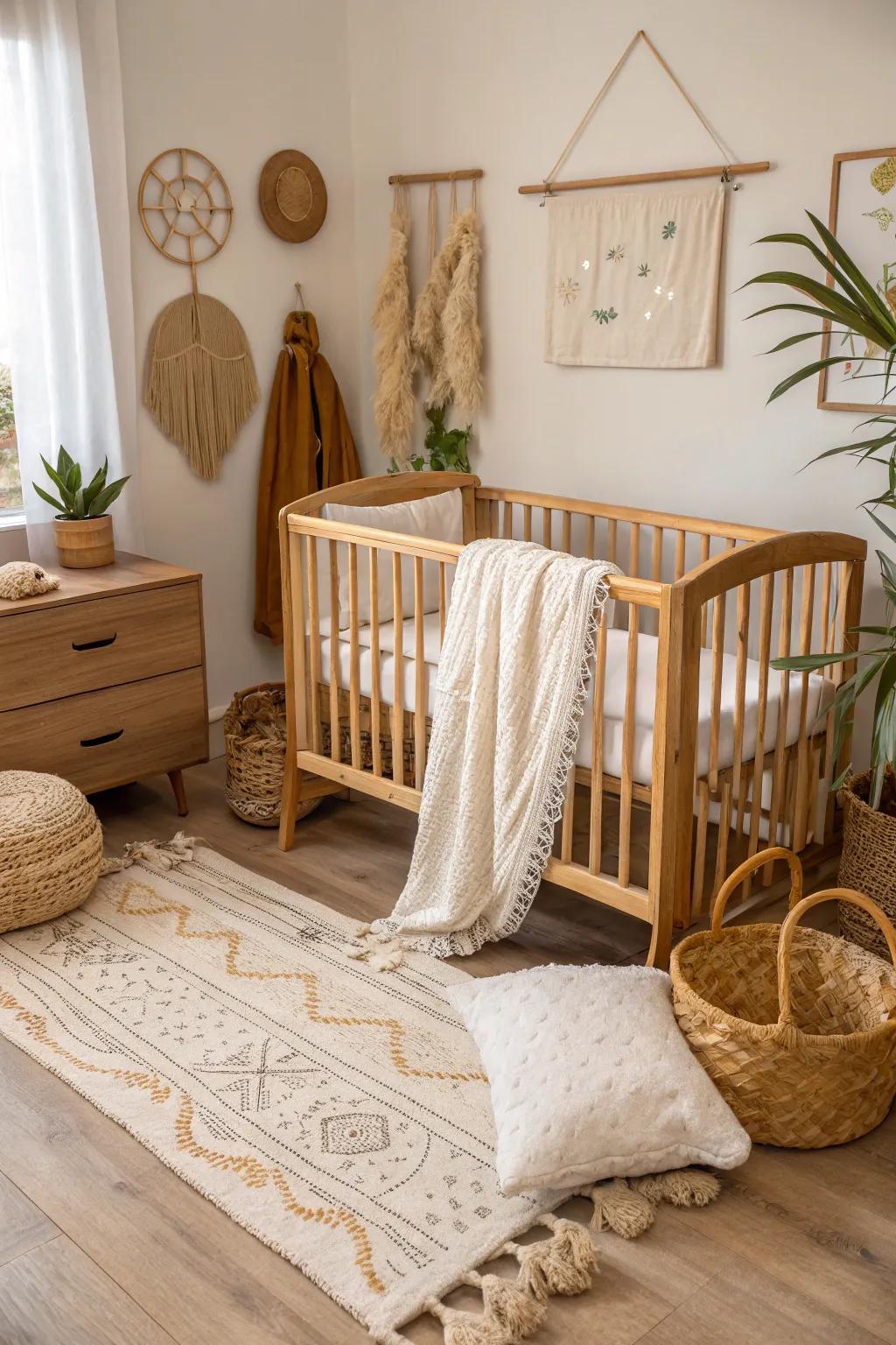 A nursery featuring natural materials like a wooden crib and cotton bedding.