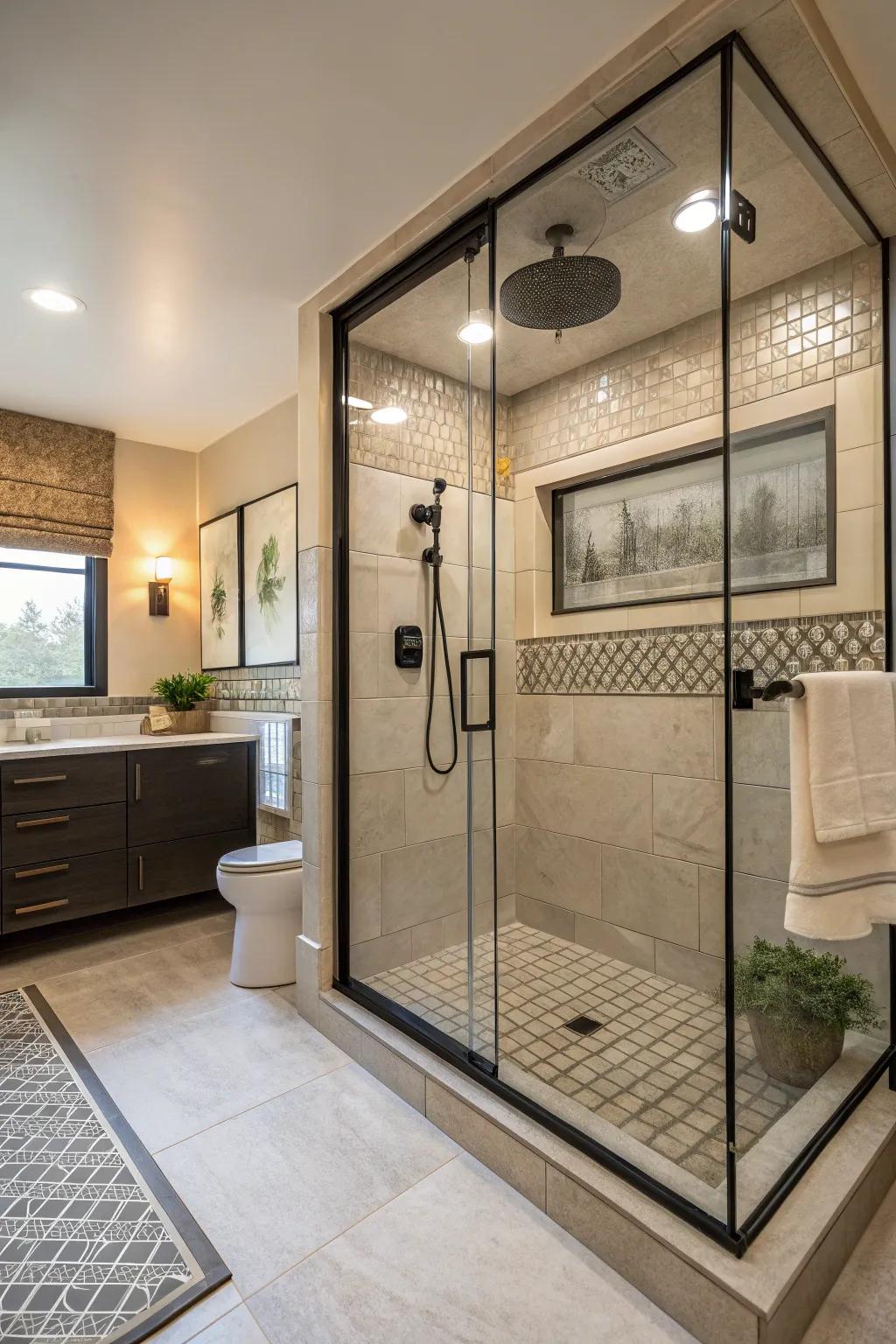 A stylish walk-in shower featuring colored shower screens.