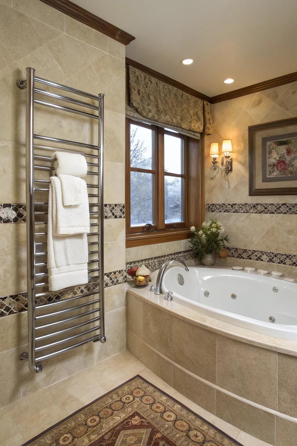 A textile warmer adds warmth and luxury to the bathroom experience.