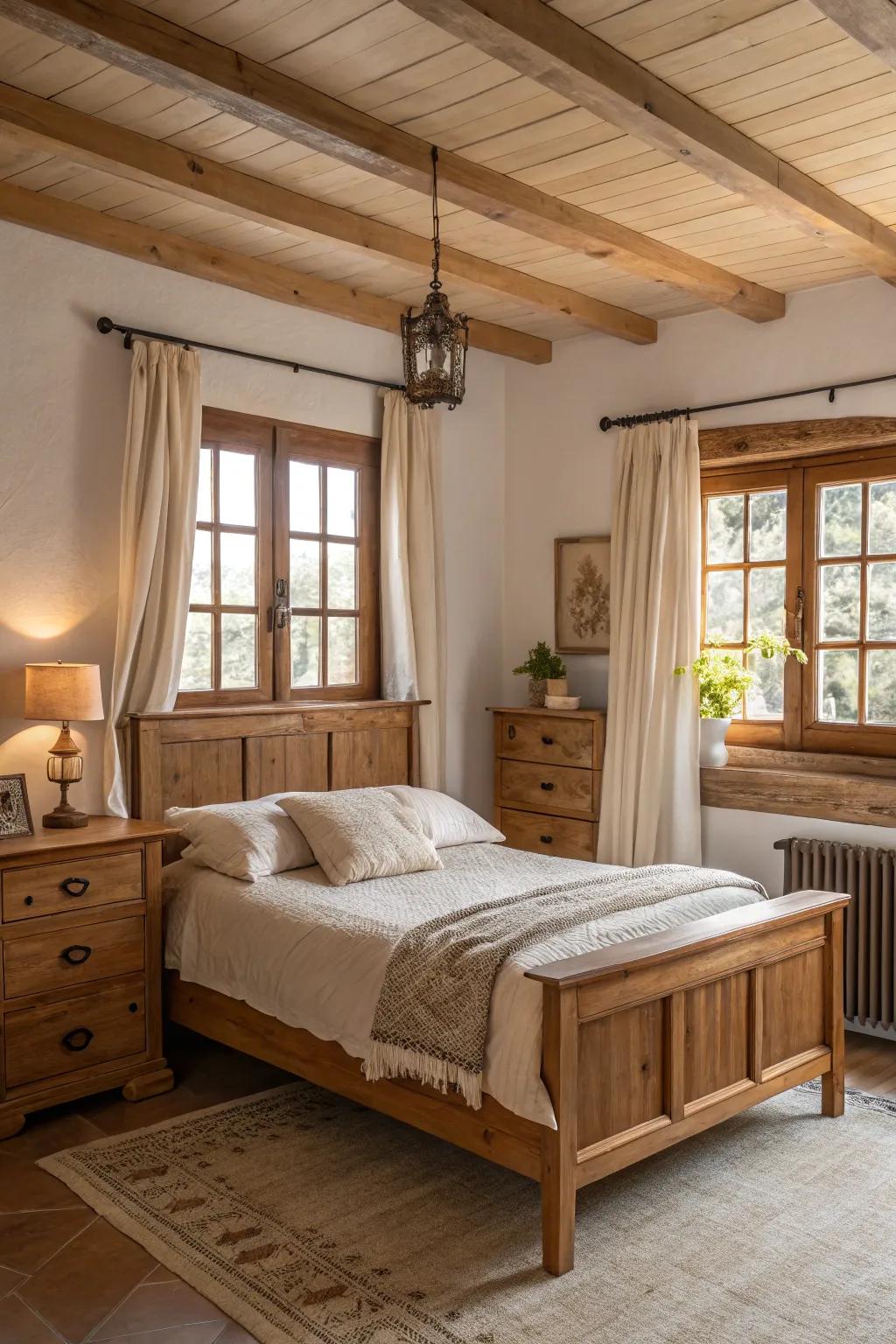 A bedroom featuring wooden furniture and natural fabrics.