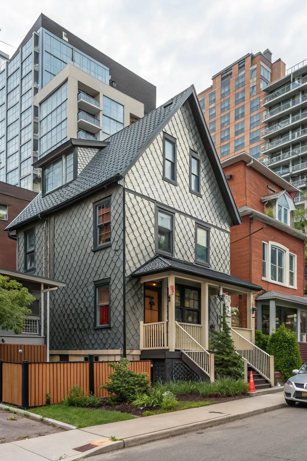 A dynamic architectural home featuring textured metal cladding for added visual interest.