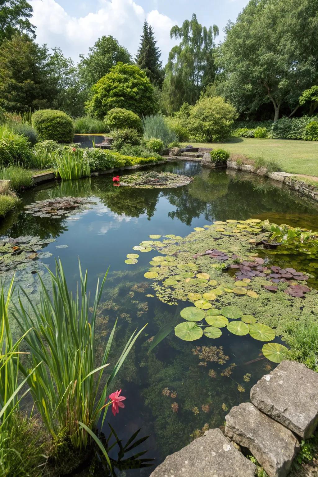 A serene, low-maintenance mini pond without fish.