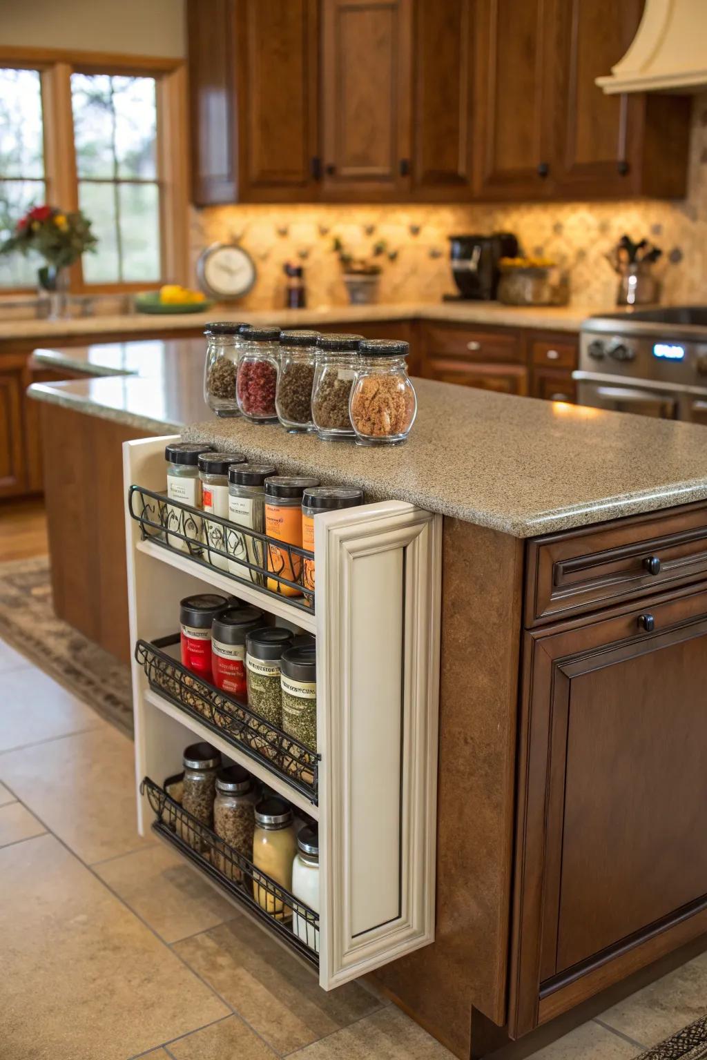 Convenience and style with a built-in spice rack.