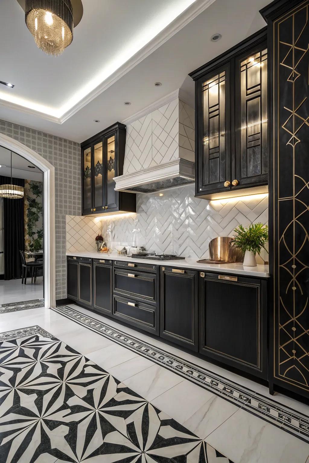 Craft Era tiles infuse theatricality and glam into this kitchen.