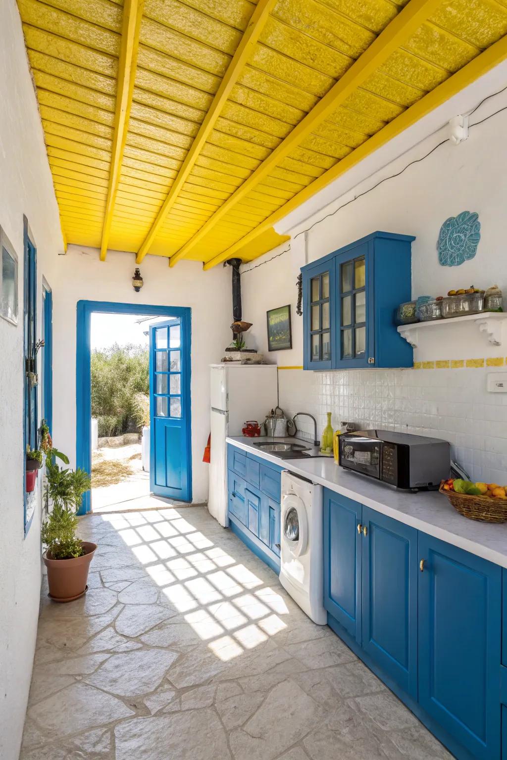 A yellow ceiling adds an unexpected and exciting design element.