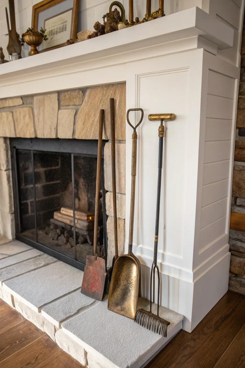 Vintage tools add historical depth to the fireplace setting.