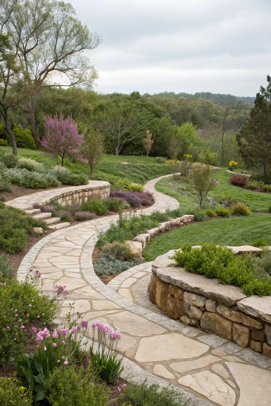 Natural stone adds texture and durability to garden designs.