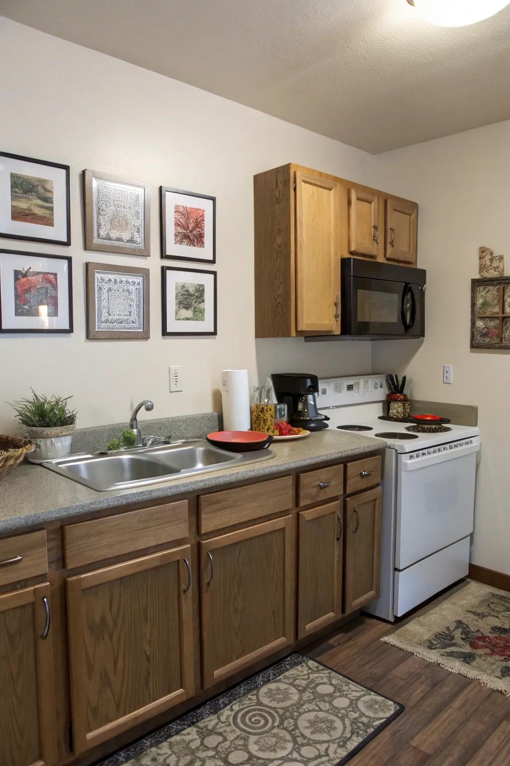 Shorter cabinets create an airier feel in a small kitchen.