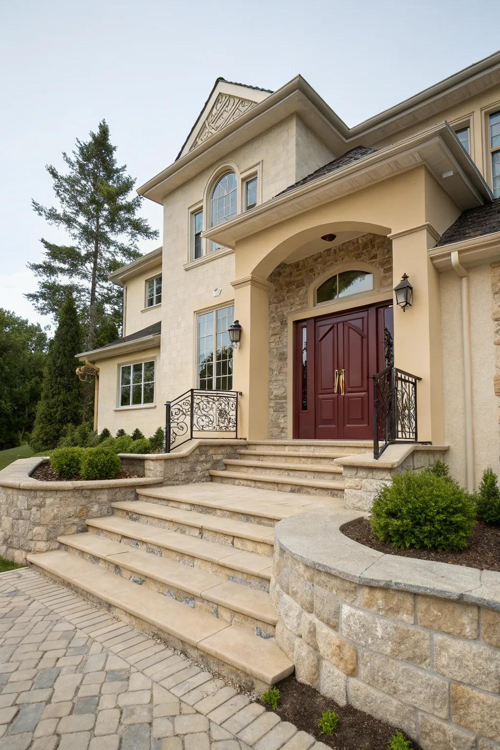 Burgundy front door adds a touch of luxury to a beige house.