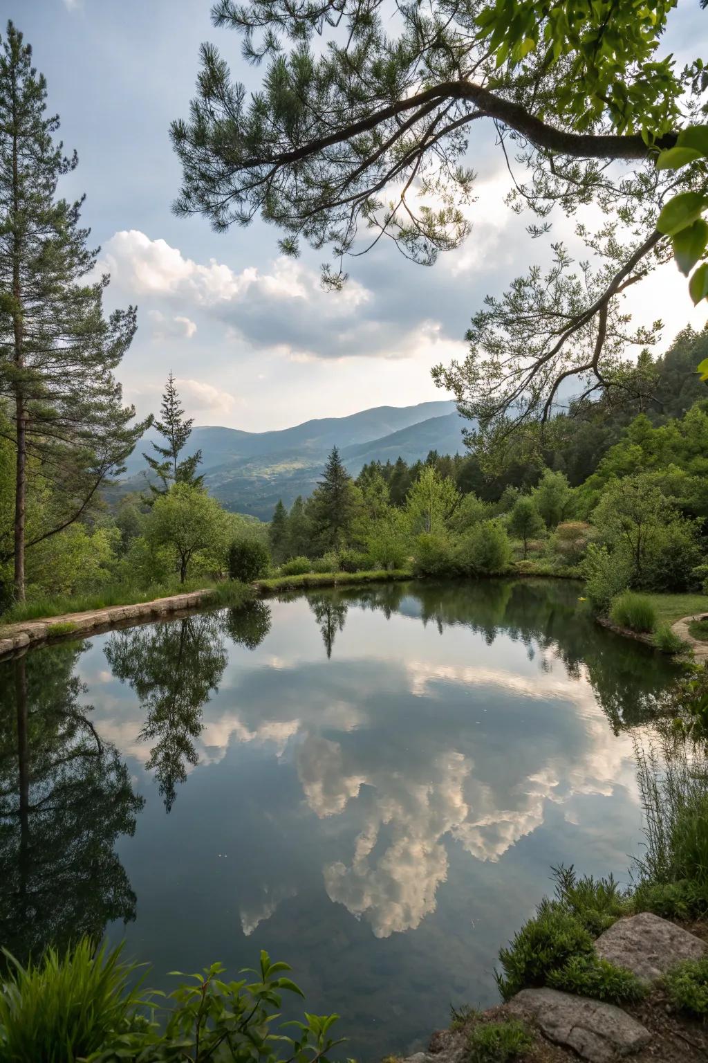 A tranquil mere mirroring the innate splendor of the mountain garden.