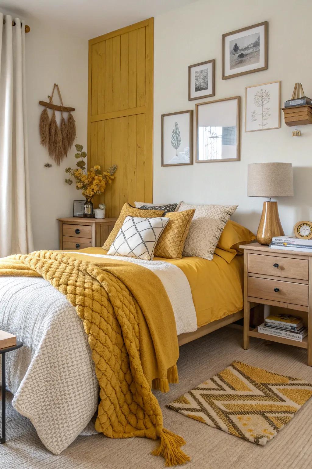 A bedroom with monochrome mustard yellow decor and varying textures.