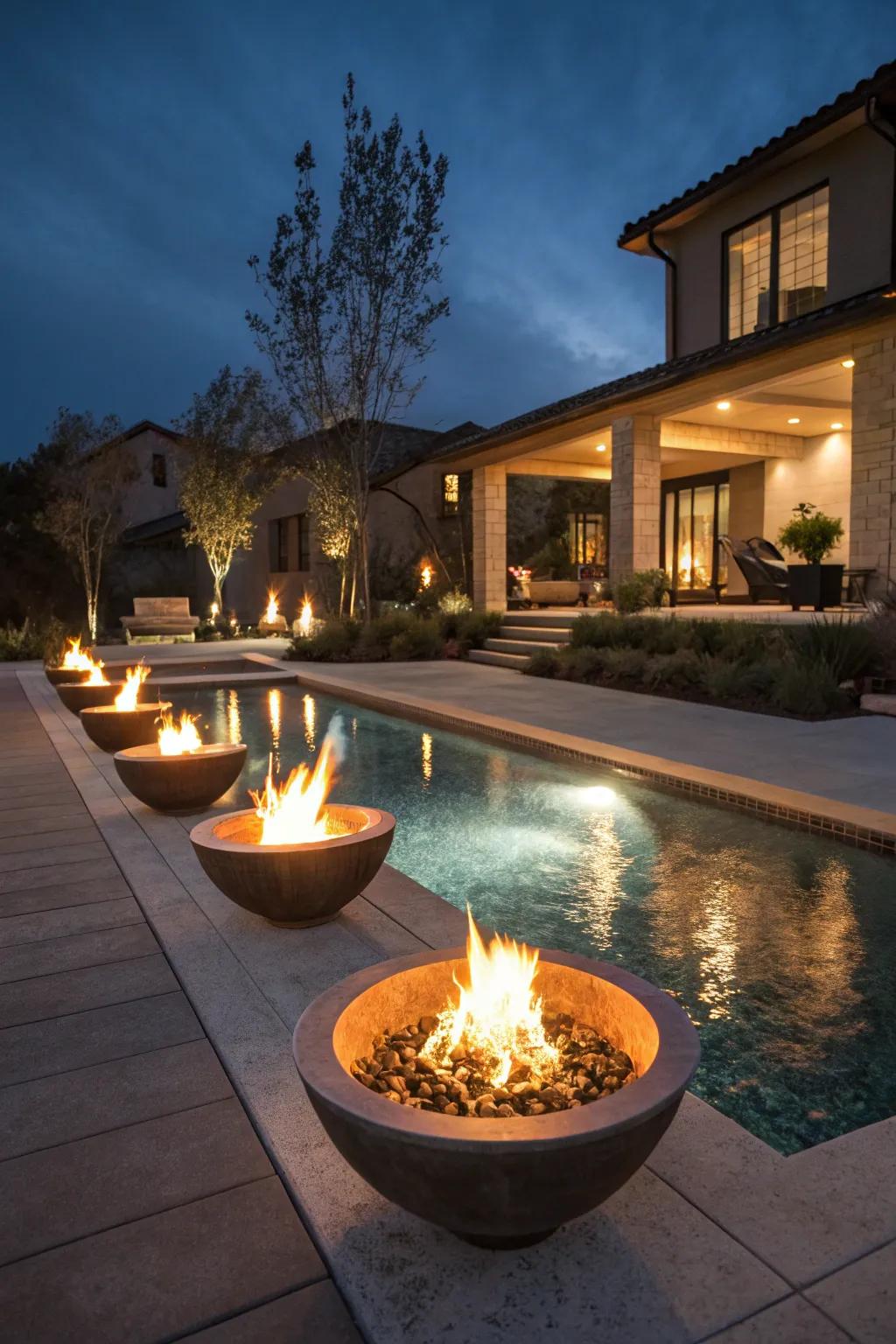 A captivating pool area with fire features that light up the night.