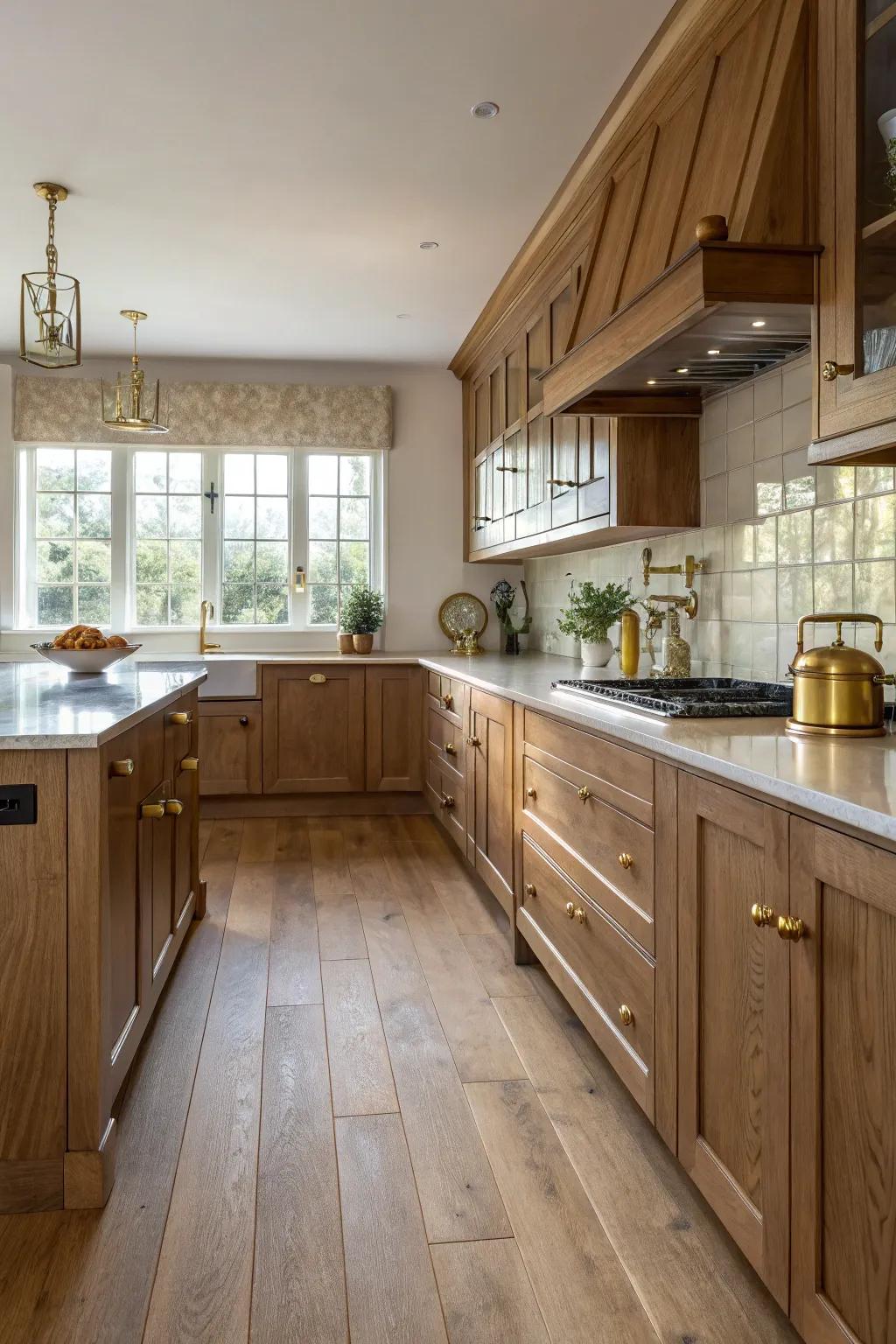 Metal accents adding elegance to oak floor kitchens.