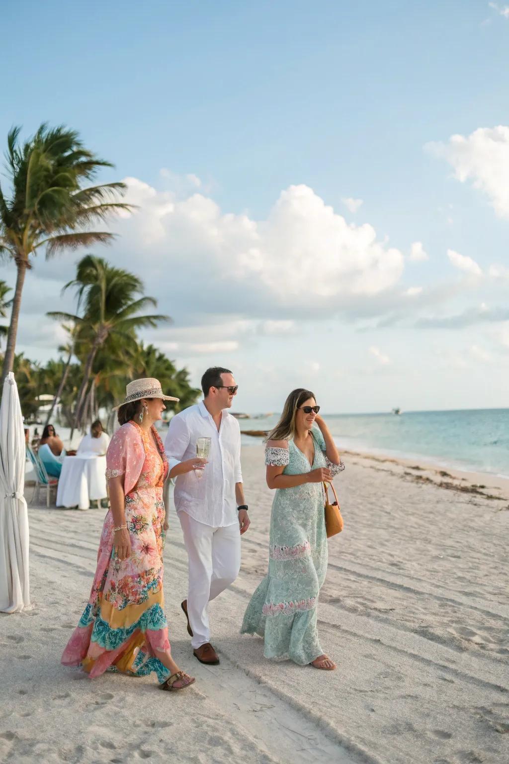 Attendees embracing the shoreline chic dress code for a stylish gathering.