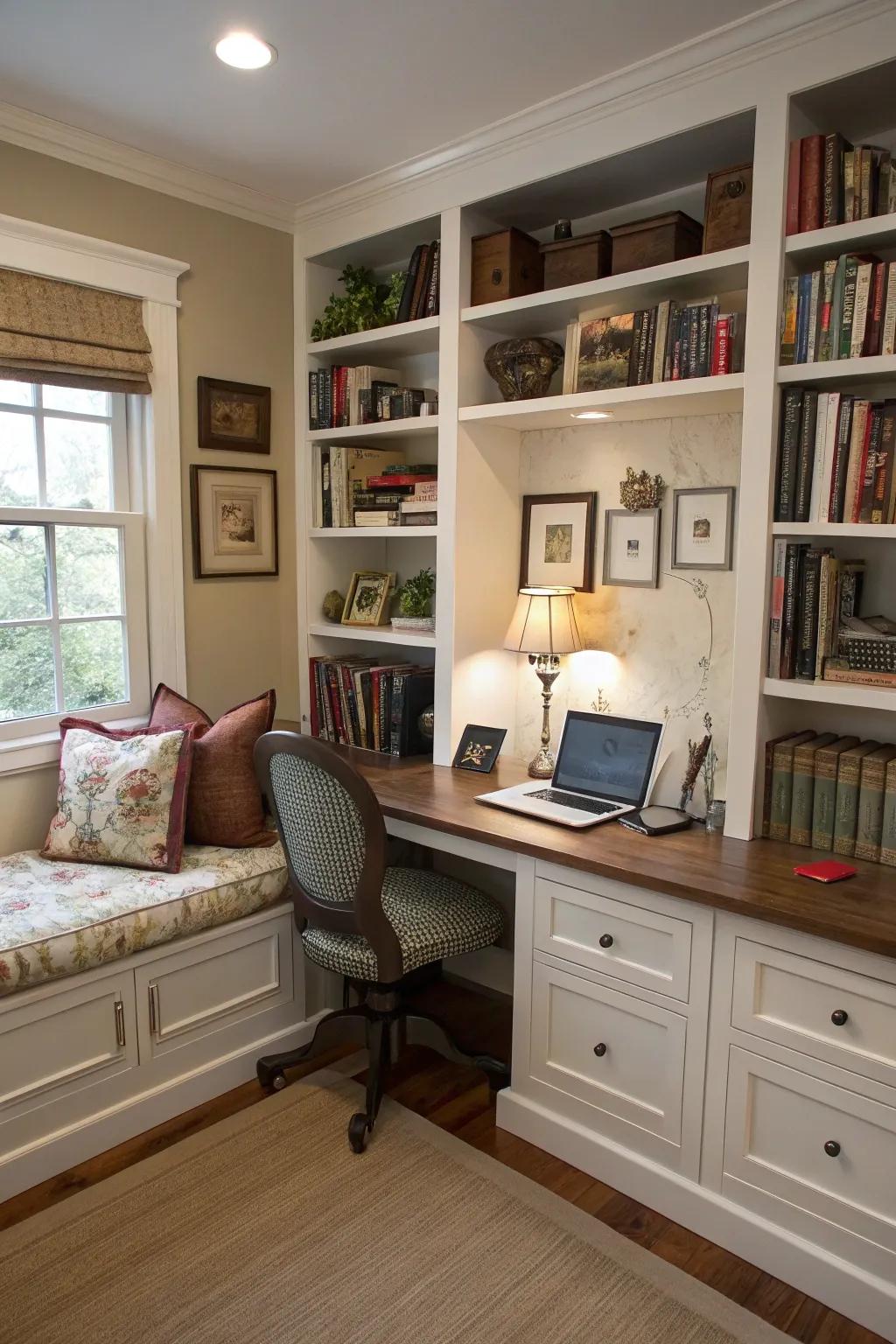 Built-in seating for a cozy office retreat.