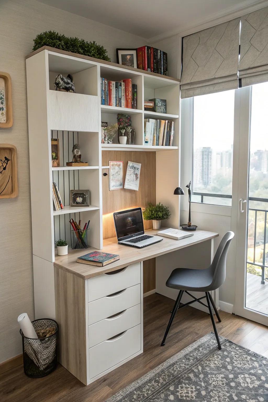 A convertible corner desk with adjustable shelves adapts to your needs.