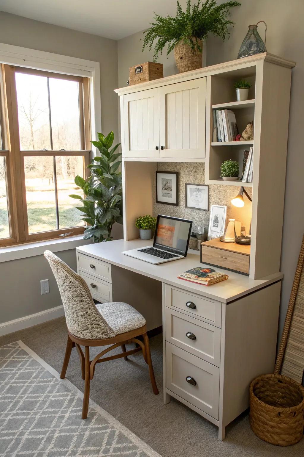 Keep your workspace organized with concealed storage solutions.