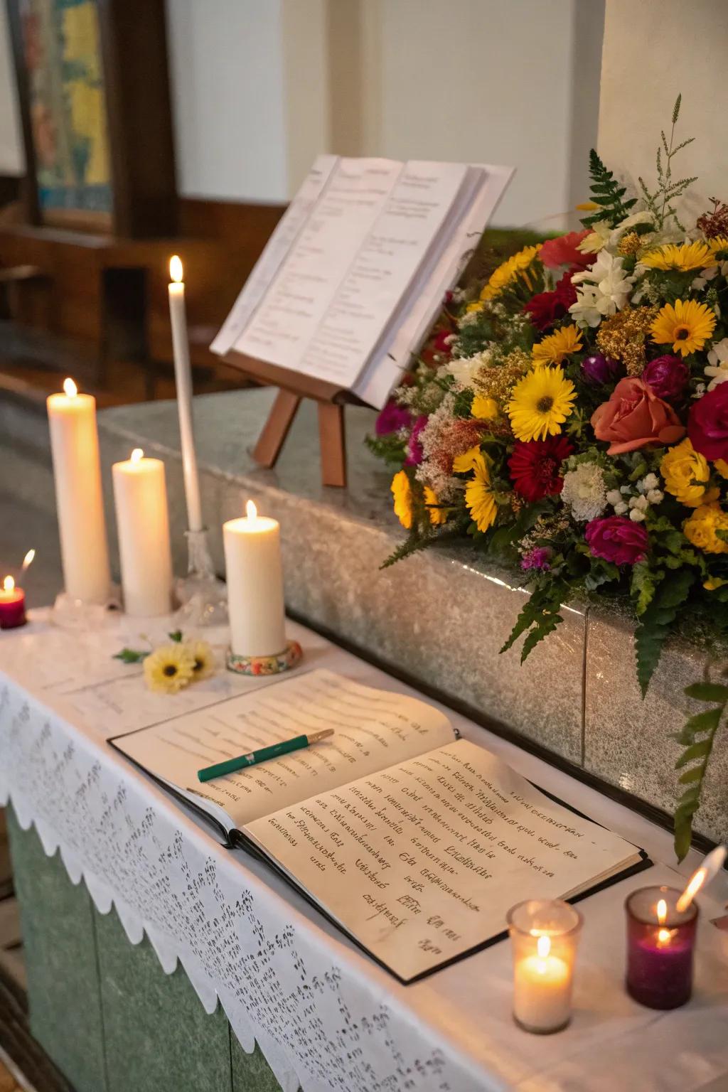 Handwritten notes on the ofrenda express personal thoughts and wishes.