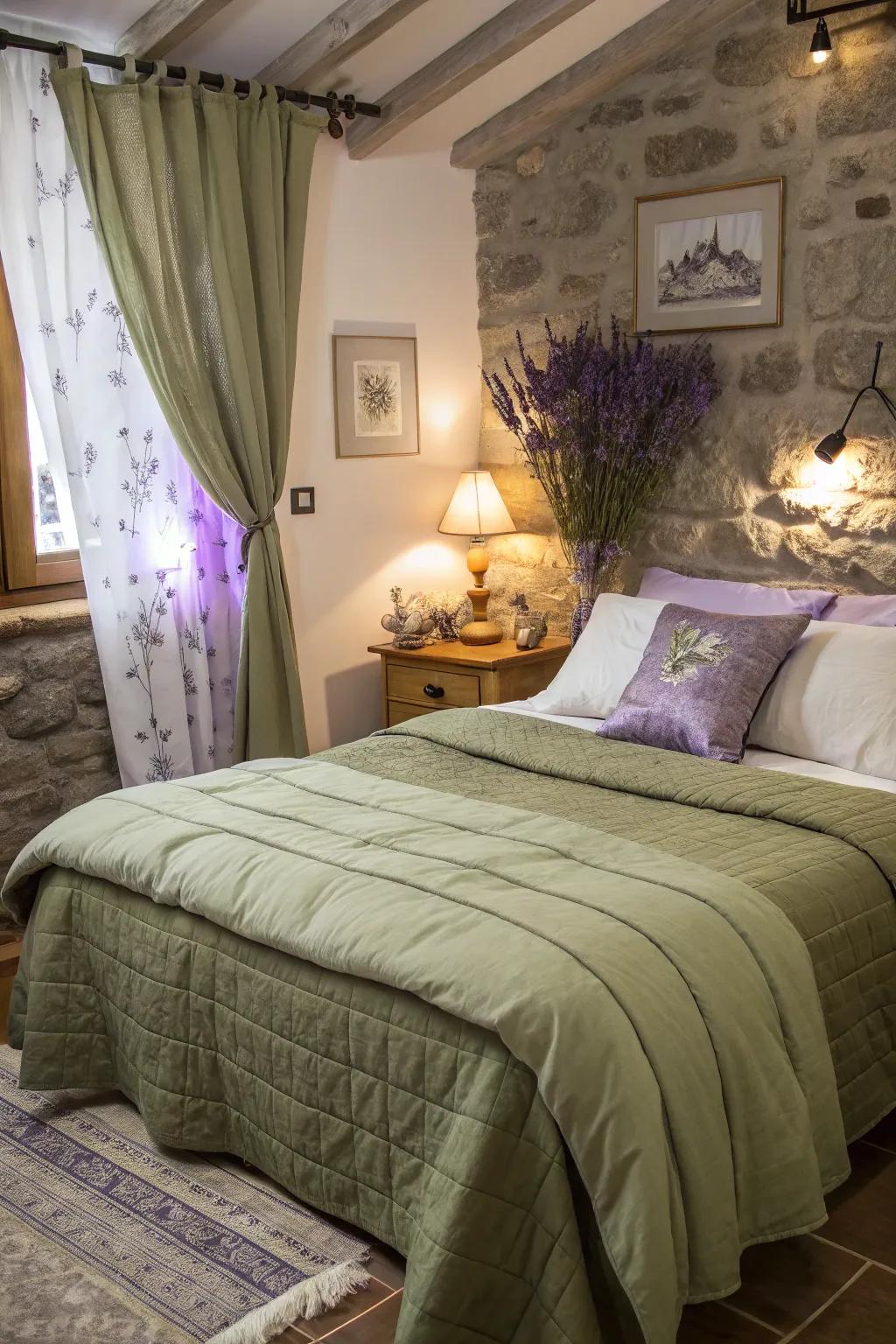 Lavender accents bring a fresh twist to olive green bedding.