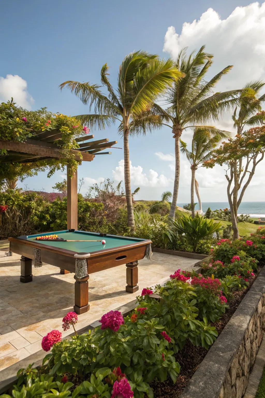 A tropical-themed billiards area showcasing lush, lively greenery.