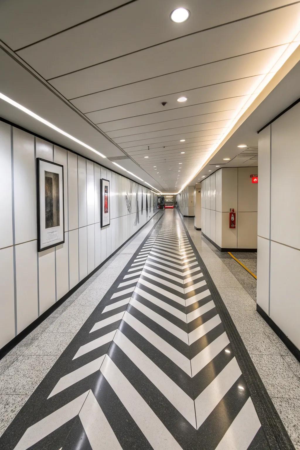 A corridor enhanced by dynamic diagonal painted floors, visually expanding the space.