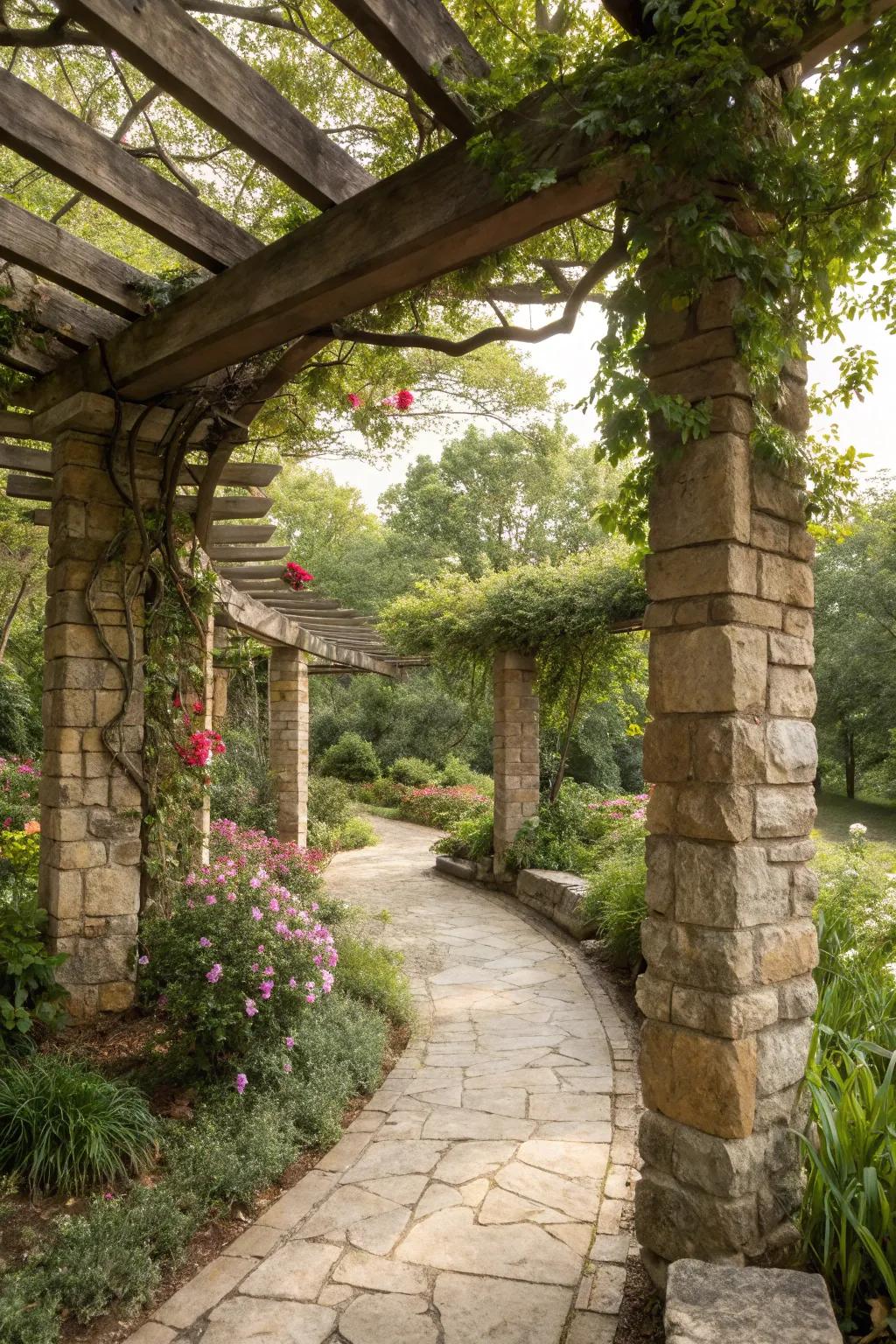 Stone accents add elegance and blend the pergola with its surroundings.