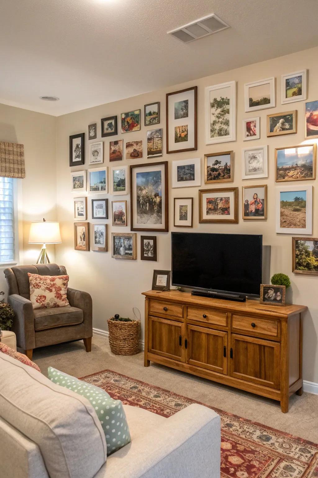 A photo wall with a collage of personal memories, creating a cherished gathering spot.