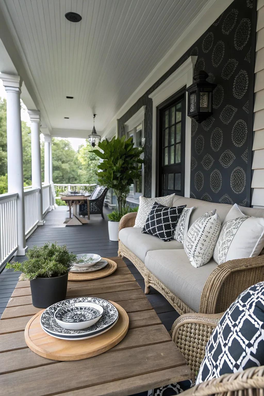 A sophisticated black and white porch that never goes out of style.