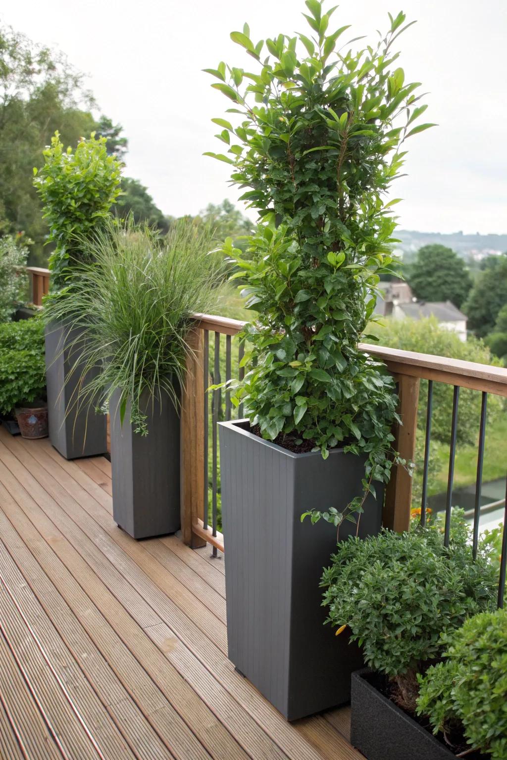 Tall planters serve as natural privacy barriers on a deck.