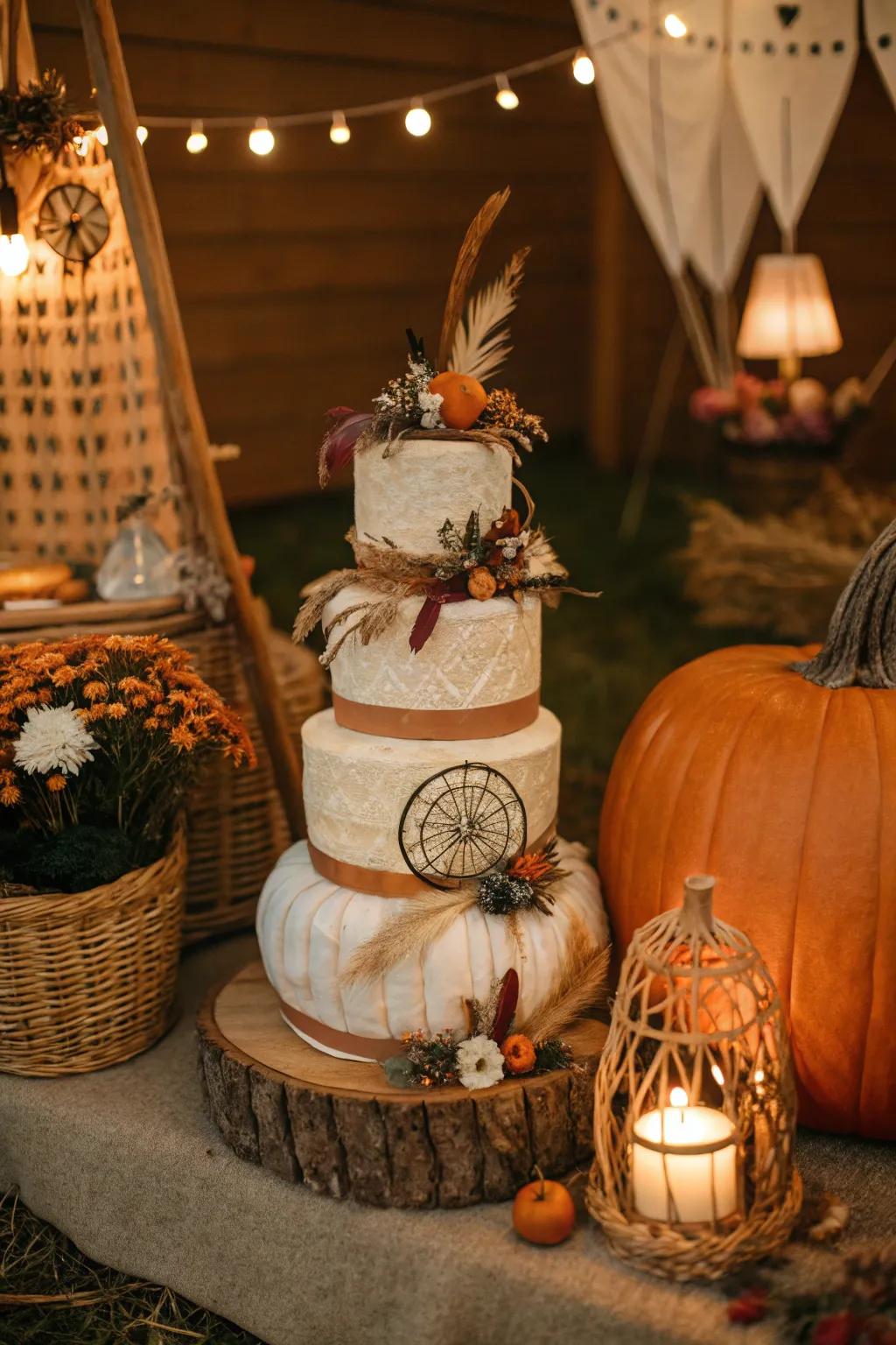 Boho pumpkin diaper cakes add a free-spirited touch to any gathering.