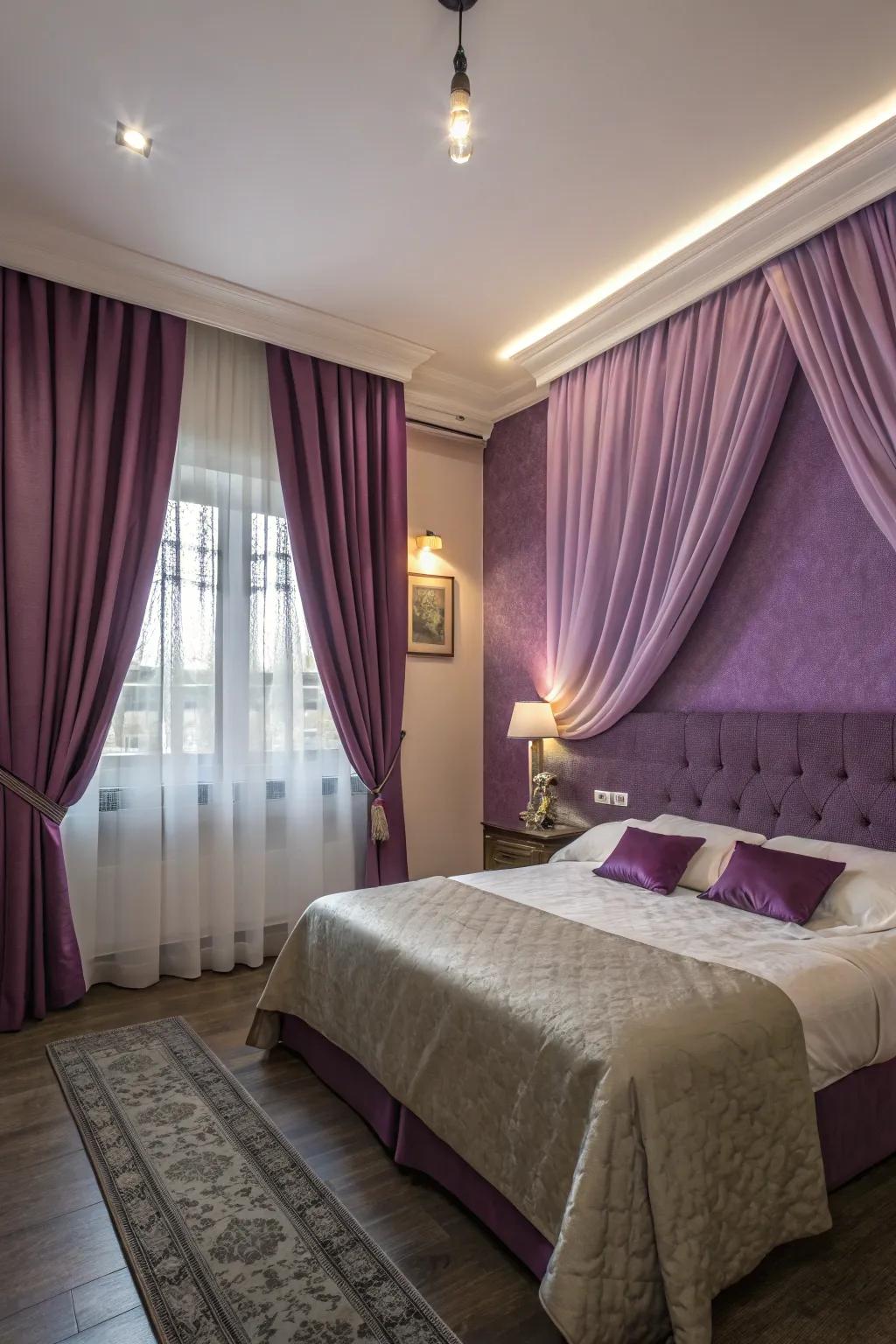 Luxurious drapes adding elegance to purple walls.