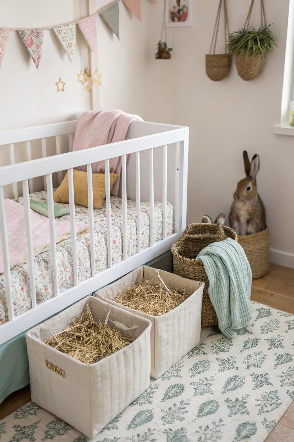 Under-crib storage maximizes space for rabbit hay.