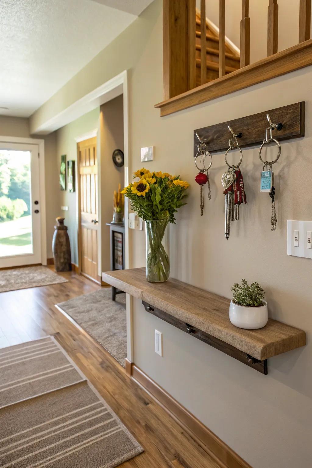 A floating shelf provides a functional and stylish spot for small items.