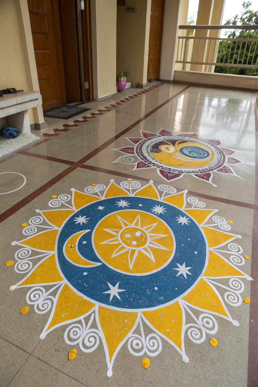 Celestial motifs bring an enchanting touch to this nature-inspired rangoli.