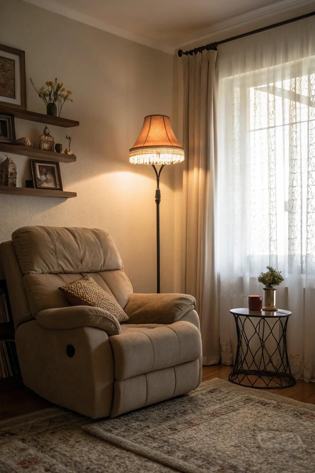 A welcoming living room with a floor lamp enhancing the recliner sofa's area.