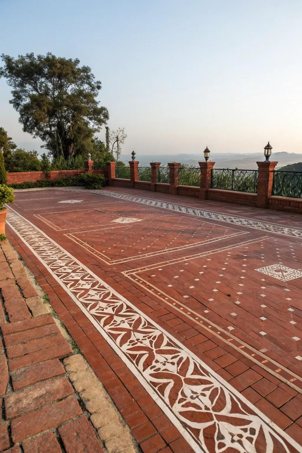 A red brick patio highlighted by contrasting borders