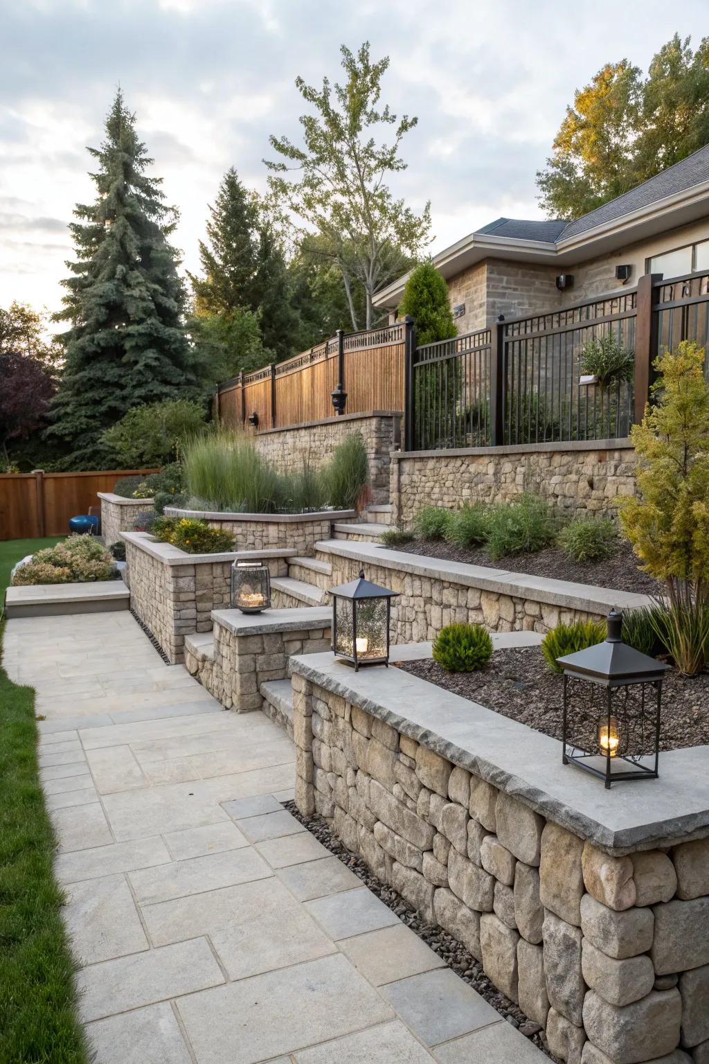 A fusion of stone and metal creating a unique backyard design.